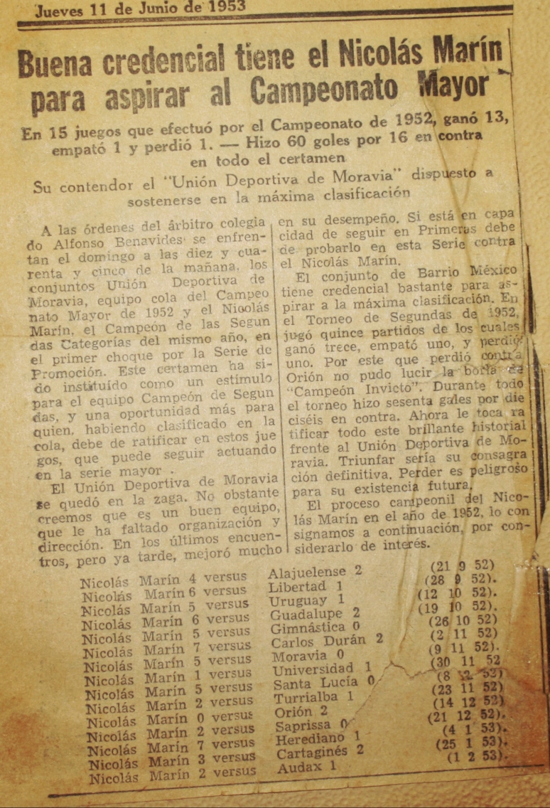 La República 11 de junio de 1953 sobre repechaje del Dep. Nicolás Marín y la Unión Deportiva Moravia